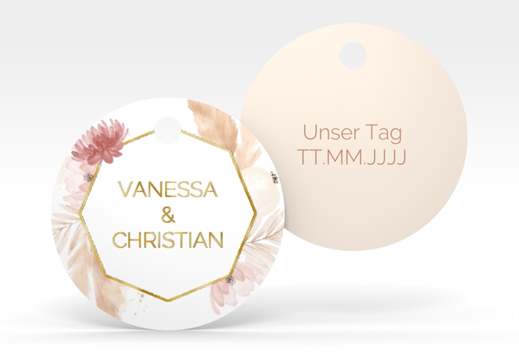 Geschenkanhänger Hochzeit Bohostyle Geschenkanhänger, rund gold mit Pampasgras in Aquarell