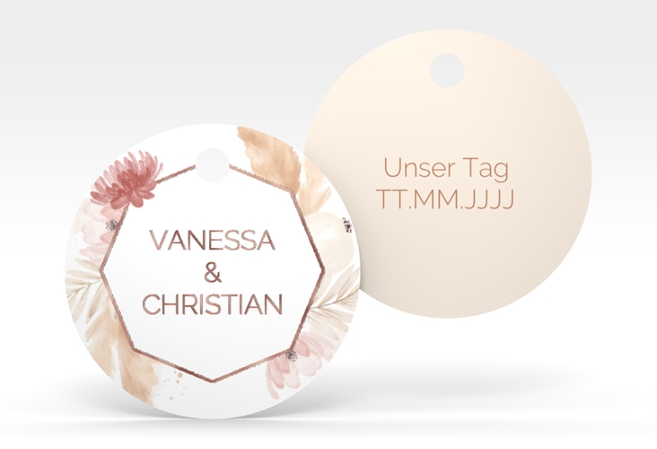 Geschenkanhänger Hochzeit Bohostyle Geschenkanhänger, rund rosegold mit Pampasgras in Aquarell