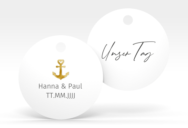 Geschenkanhänger Hochzeit Ankerliebe Geschenkanhänger, rund gold im minimalistischen maritimen Design mit Anker