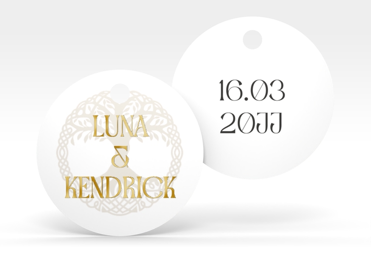 Geschenkanhänger Hochzeit Lebensbaum Geschenkanhänger, rund weiss gold im Stil der Kelten und Wikinger