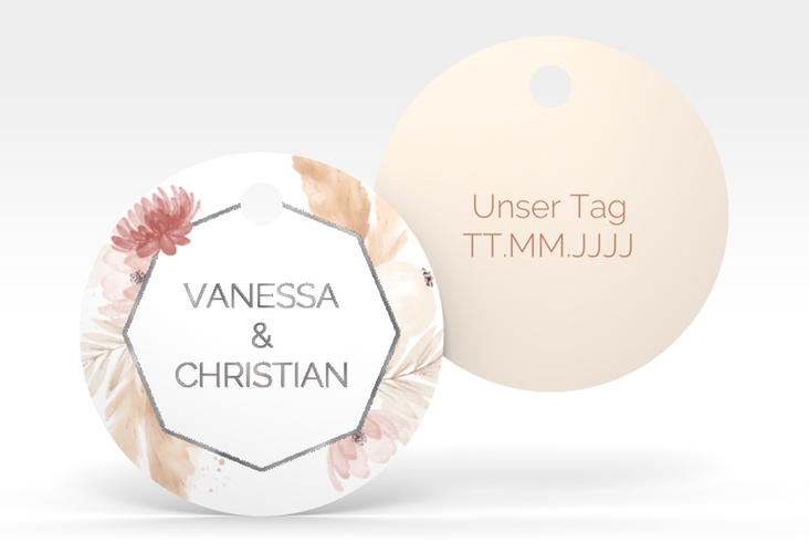Geschenkanhänger Hochzeit Bohostyle Geschenkanhänger, rund beige silber mit Pampasgras in Aquarell