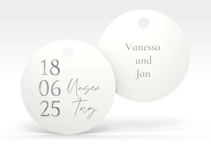 Geschenkanhänger Hochzeit Day Geschenkanhänger, rund weiss silber mit Datum im minimalistischen Design
