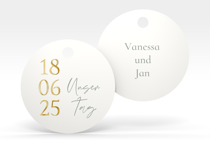 Geschenkanhänger Hochzeit Day Geschenkanhänger, rund weiss gold mit Datum im minimalistischen Design