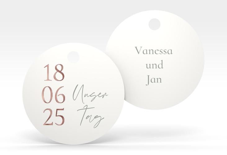 Geschenkanhänger Hochzeit Day Geschenkanhänger, rund weiss rosegold mit Datum im minimalistischen Design