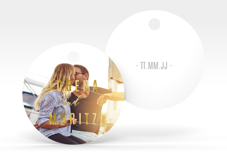 Geschenkanhänger Hochzeit Memory Geschenkanhänger, rund weiss gold zum Personalisieren mit Foto