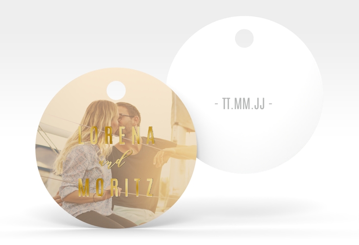 Geschenkanhänger Hochzeit Memory Geschenkanhänger, rund beige gold zum Personalisieren mit Foto