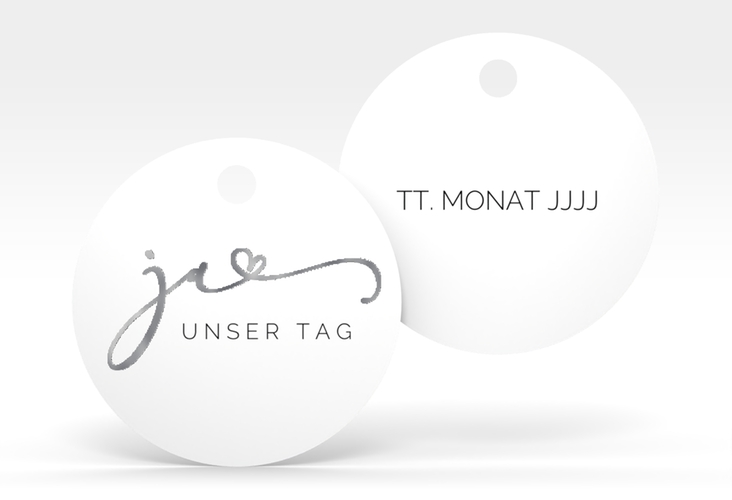 Geschenkanhänger Hochzeit Jawort Geschenkanhänger, rund weiss silber modern minimalistisch mit veredelter Aufschrift