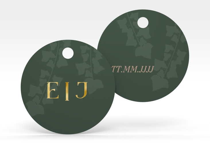 Geschenkanhänger Hochzeit Efeugrün Geschenkanhänger, rund gruen gold im Fantasy-Elfen-Design mit Efeu