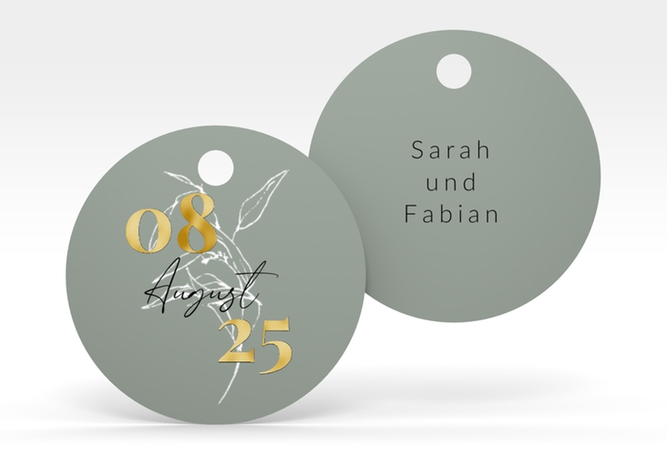 Geschenkanhänger Hochzeit Seed Geschenkanhänger, rund gruen gold mit Pflanzen-Illustration und elegantem Datum