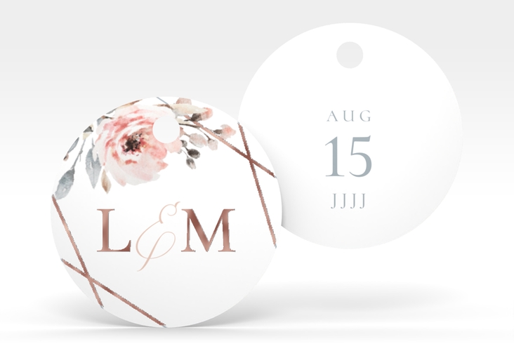 Geschenkanhänger Hochzeit Perfection Geschenkanhänger, rund weiss rosegold mit rosa Rosen