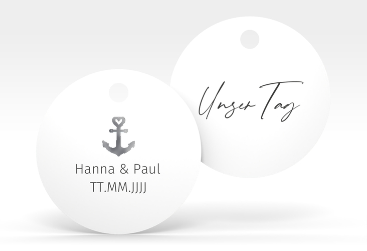 Geschenkanhänger Hochzeit Ankerliebe Geschenkanhänger, rund weiss silber im minimalistischen maritimen Design mit Anker