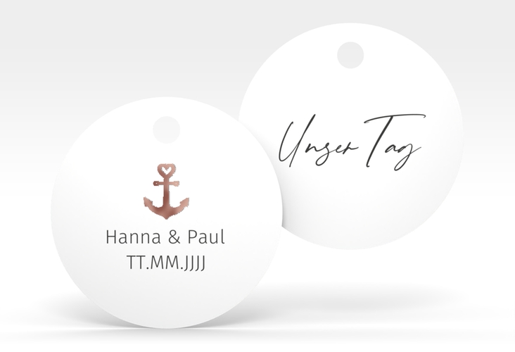 Geschenkanhänger Hochzeit Ankerliebe Geschenkanhänger, rund weiss rosegold im minimalistischen maritimen Design mit Anker