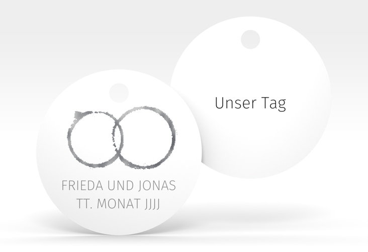 Geschenkanhänger Hochzeit Trauringe Geschenkanhänger, rund grau silber minimalistisch gestaltet mit zwei Eheringen