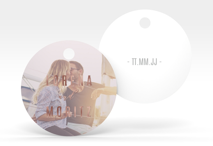 Geschenkanhänger Hochzeit Memory Geschenkanhänger, rund grau rosegold zum Personalisieren mit Foto