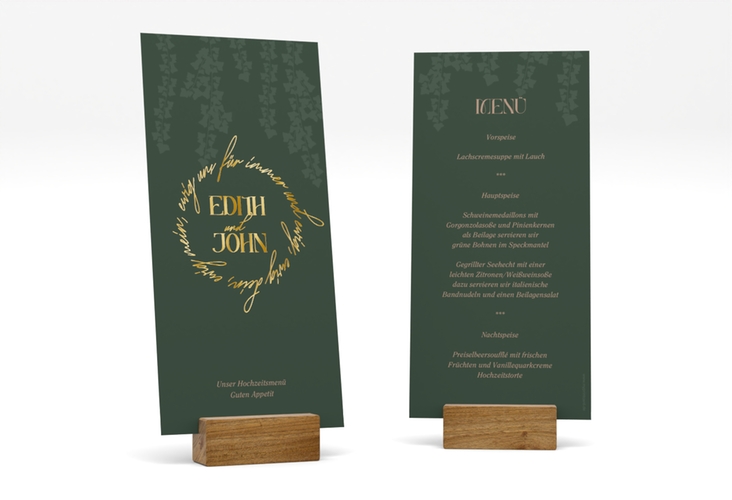 Menükarte Hochzeit Efeugrün lange Karte hoch gold im Fantasy-Elfen-Design mit Efeu
