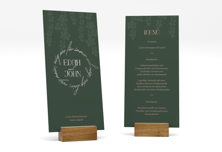 Menükarte Hochzeit Efeugrün lange Karte hoch silber im Fantasy-Elfen-Design mit Efeu