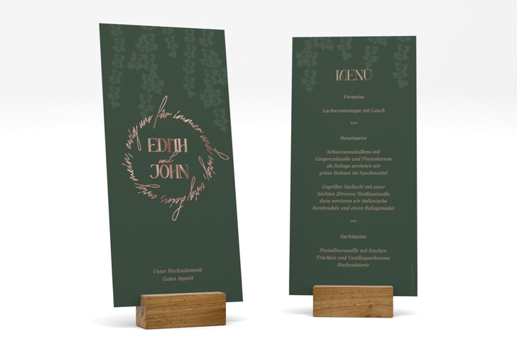 Menükarte Hochzeit Efeugrün lange Karte hoch rosegold im Fantasy-Elfen-Design mit Efeu