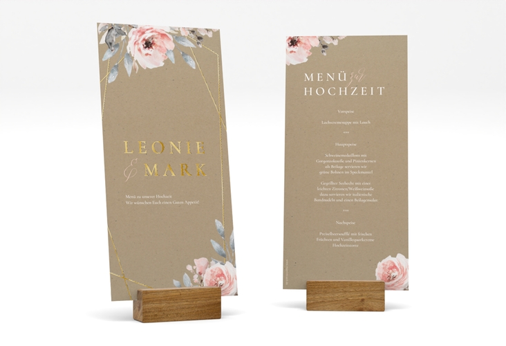 Menükarte Hochzeit Perfection lange Karte hoch gold mit rosa Rosen