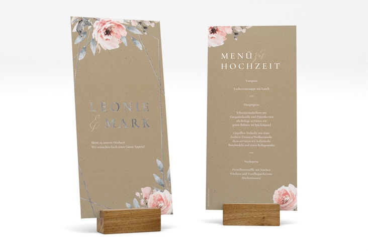 Menükarte Hochzeit Perfection lange Karte hoch silber mit rosa Rosen