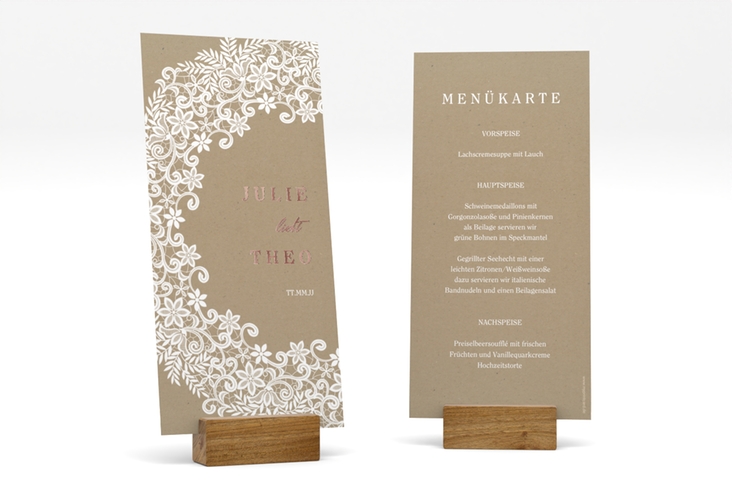 Menükarte Hochzeit Mariage lange Karte hoch rosegold mit Bogen aus weißer Spitze