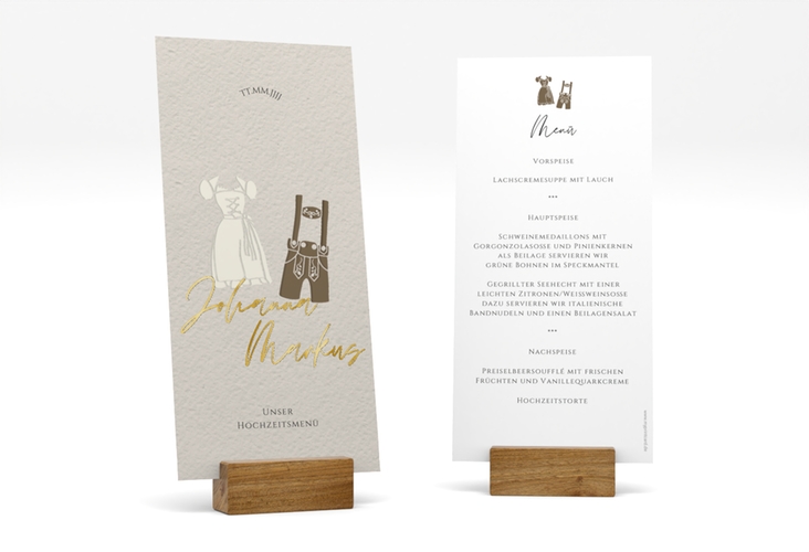 Menükarte Hochzeit Trachtenhochzeit lange Karte hoch gold mit Dirndl und Lederhose