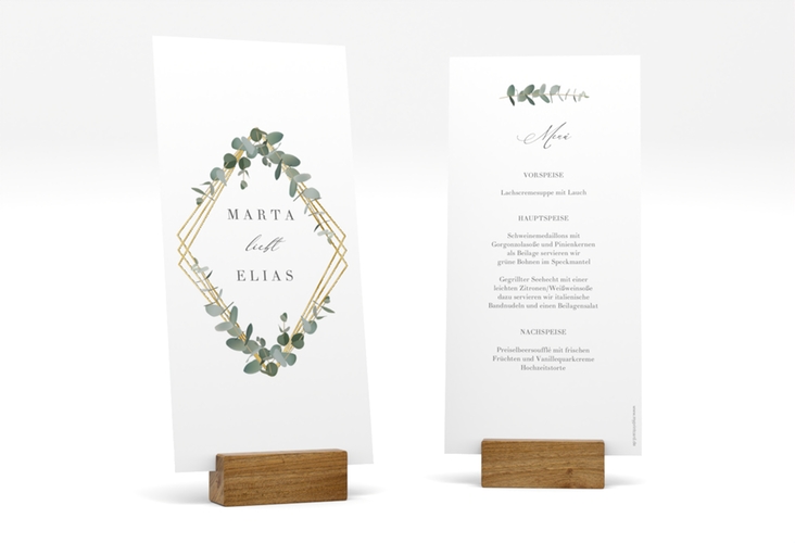 Menükarte Hochzeit Eukalyptus lange Karte hoch gold