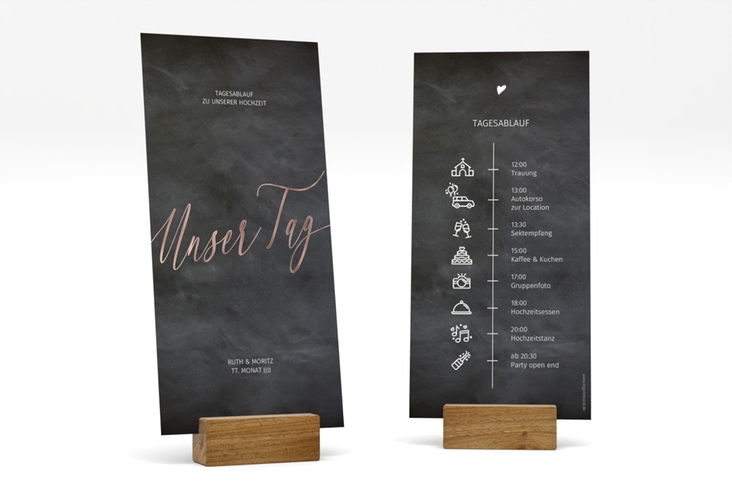 Tagesablauf Hochzeit Chalkboard lange Karte hoch rosegold
