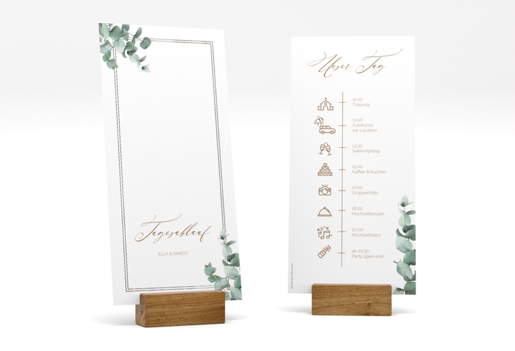 Tagesablauf Hochzeit Eucalypt lange Karte hoch silber mit Eukalyptus und edlem Rahmen