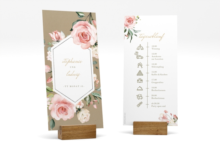 Tagesablauf Hochzeit Graceful lange Karte hoch silber mit Rosenblüten in Rosa und Weiß