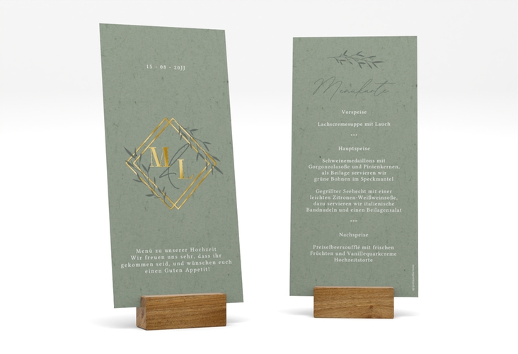 Menükarte Hochzeit Greenletter lange Karte hoch gold mit Initialen in elegantem Goldrahmen mit Blättern