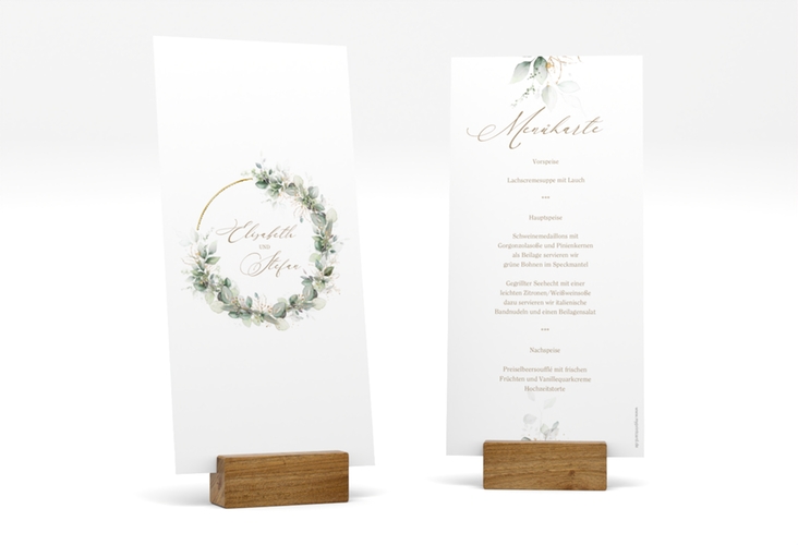 Menükarte Hochzeit Selvatica lange Karte hoch gold mit Eukalyptus-Kranz