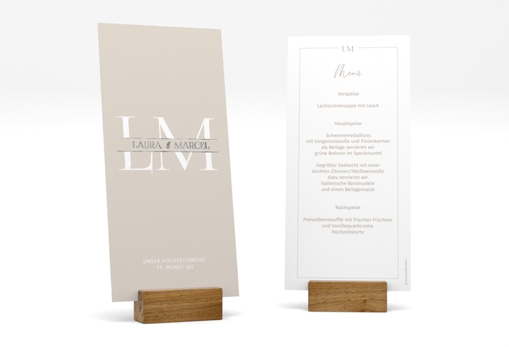Menükarte Hochzeit Monogramm lange Karte hoch silber
