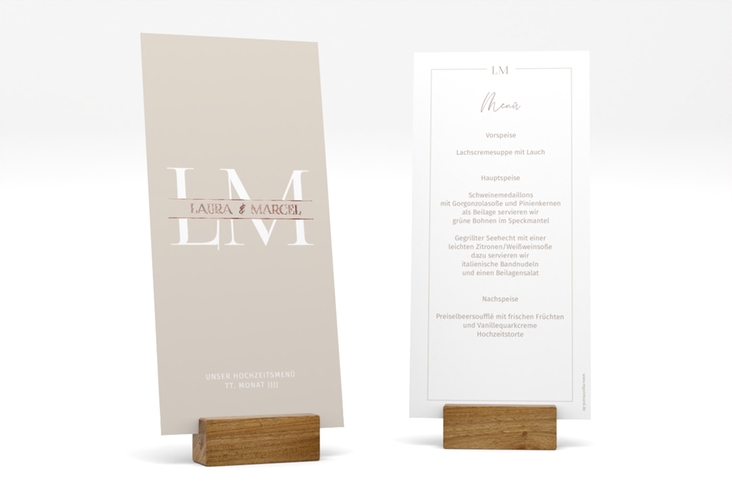 Menükarte Hochzeit Monogramm lange Karte hoch rosegold