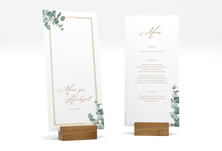 Menükarte Hochzeit Eucalypt lange Karte hoch gold mit Eukalyptus und edlem Rahmen
