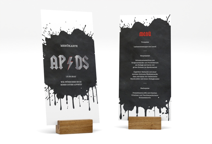 Menükarte Hochzeit Hardrock lange Karte hoch silber für Rockband-Fans