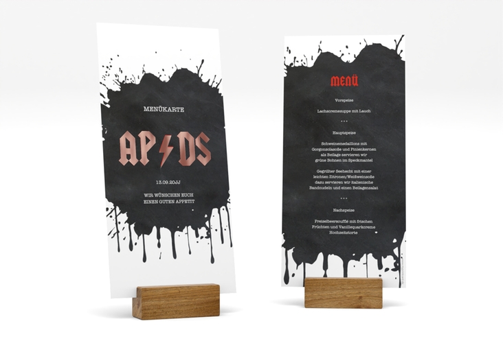 Menükarte Hochzeit Hardrock lange Karte hoch rosegold für Rockband-Fans