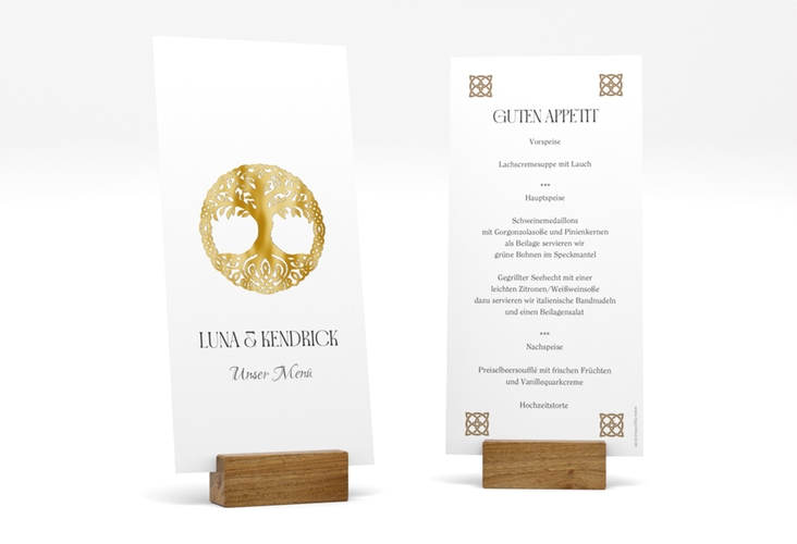 Menükarte Hochzeit Lebensbaum lange Karte hoch gold im Stil der Kelten und Wikinger