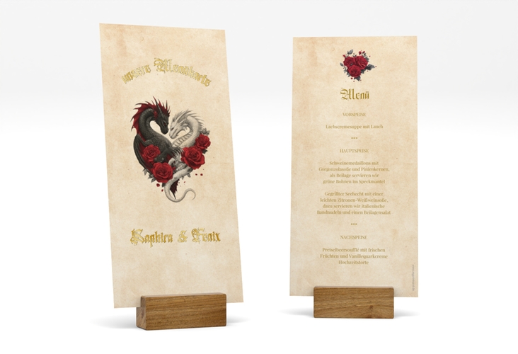 Menükarte Hochzeit Drachenliebe lange Karte hoch gold mit schwarzem und weißem Drachen zu einem Herz verschlungen