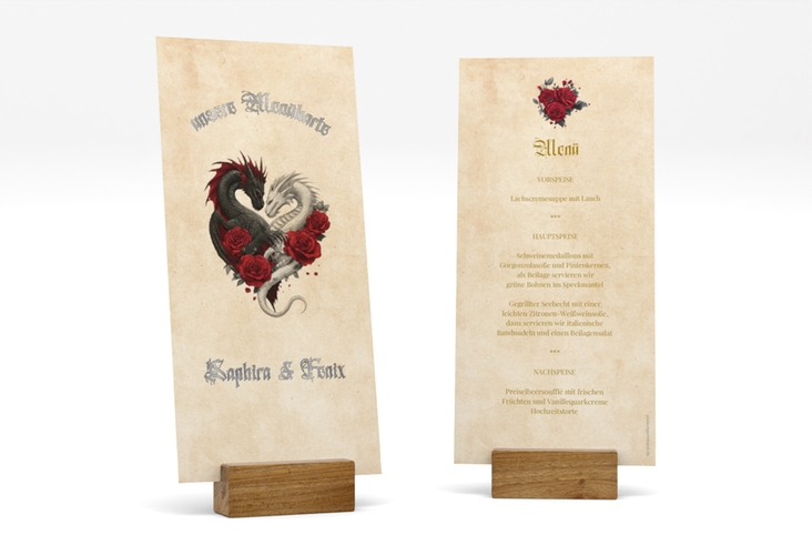 Menükarte Hochzeit Drachenliebe lange Karte hoch silber mit schwarzem und weißem Drachen zu einem Herz verschlungen