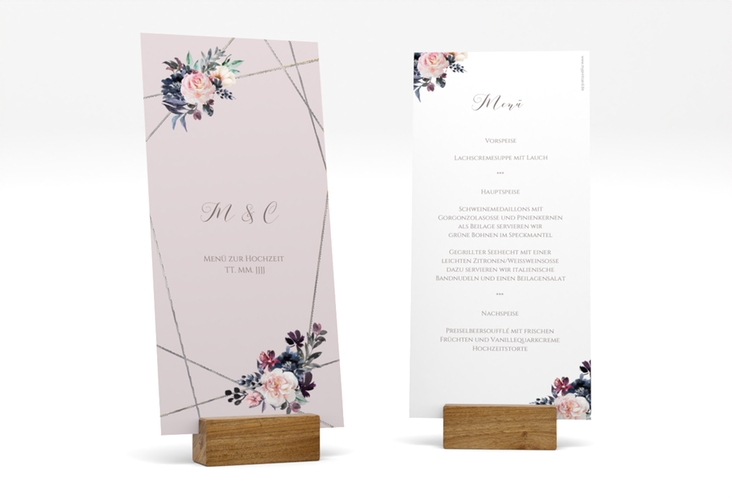 Menükarte Hochzeit Azalie lange Karte hoch silber