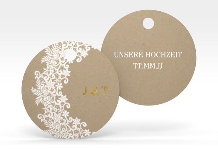 Geschenkanhänger Hochzeit Mariage Geschenkanhänger, rund Kraftpapier gold mit Bogen aus weißer Spitze