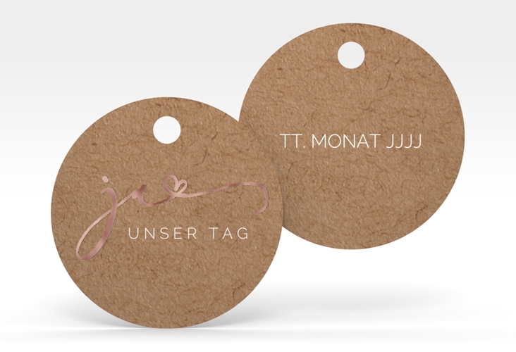 Geschenkanhänger Hochzeit Jawort Geschenkanhänger, rund Kraftpapier rosegold modern minimalistisch mit veredelter Aufschrift