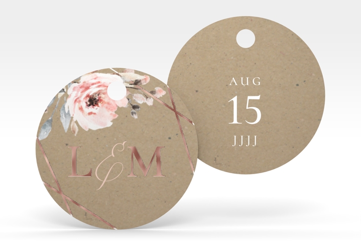 Geschenkanhänger Hochzeit Perfection Geschenkanhänger, rund Kraftpapier rosegold mit rosa Rosen