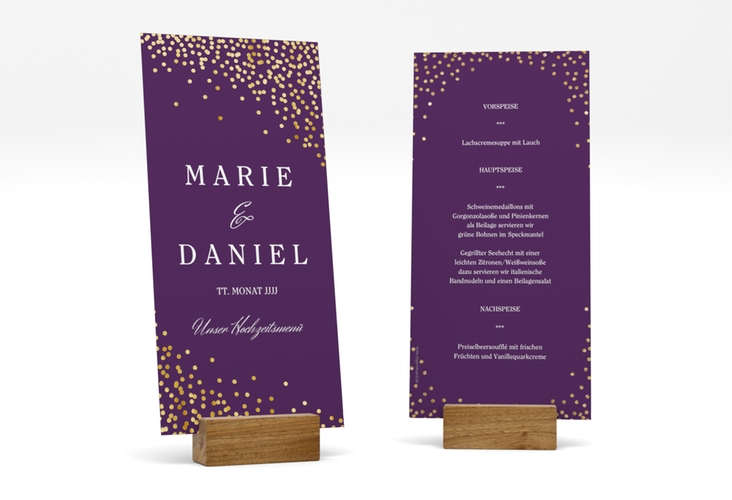 Menükarte Hochzeit Glitter lange Karte hoch lila gold