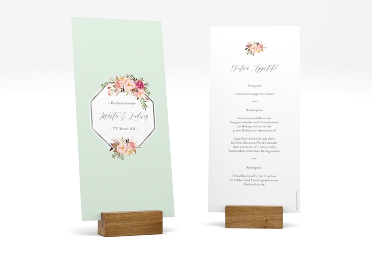 Menükarte Hochzeit Prachtvoll lange Karte hoch mint silber