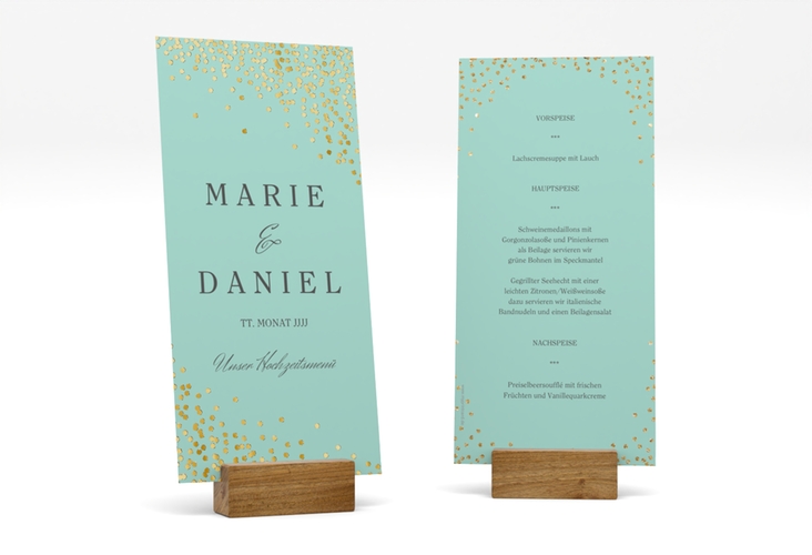 Menükarte Hochzeit Glitter lange Karte hoch mint gold