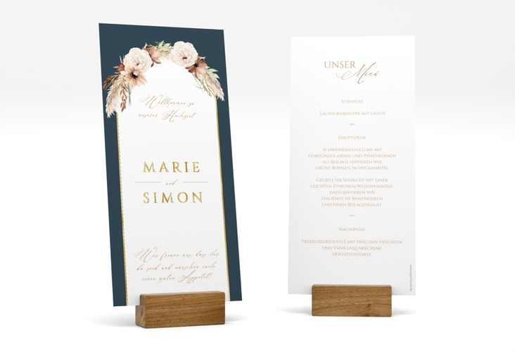 Menükarte Hochzeit Blumenbogen lange Karte hoch blau gold