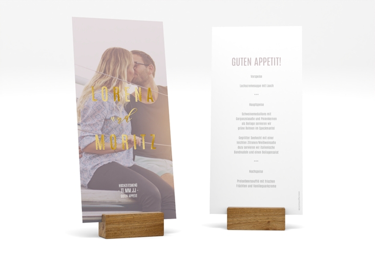 Menükarte Hochzeit Memory lange Karte hoch grau gold