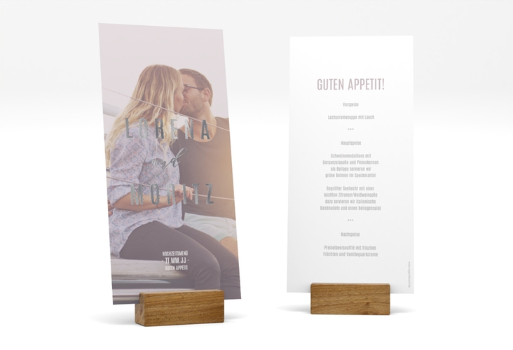 Menükarte Hochzeit Memory lange Karte hoch grau silber