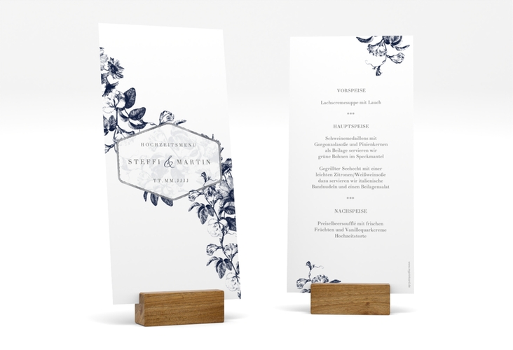 Menükarte Hochzeit Magnificent lange Karte hoch blau silber